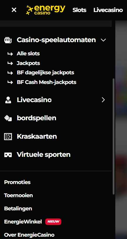Energy Casino Mobiel menu